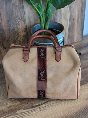 YSL Yves Saint Laurent Vintage Canvas Mini Boston Brown Leather Trim HandBag